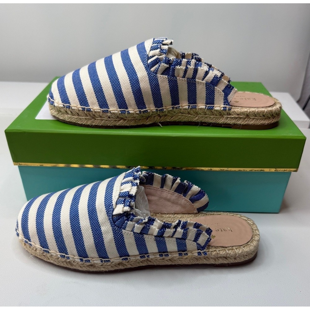 Kate Spade Laila Blue Cream Striped Ruffle Espadrille Slip On Shoes 7.5M S170655
